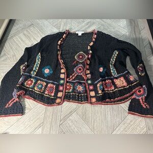 Coldwater Creek Black Woven Sweater with Burgundy Trim